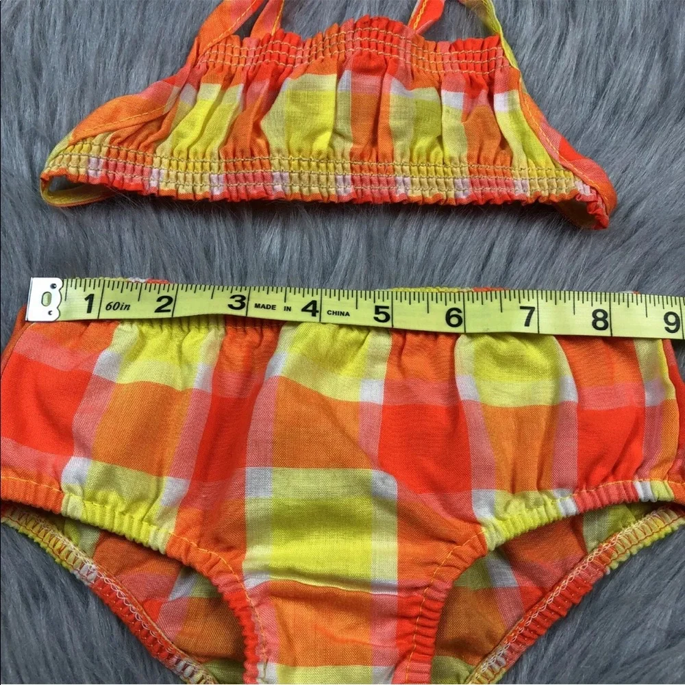Vintage Baby Girls 70s Orange Yellow Plaid Cotton Bikini
